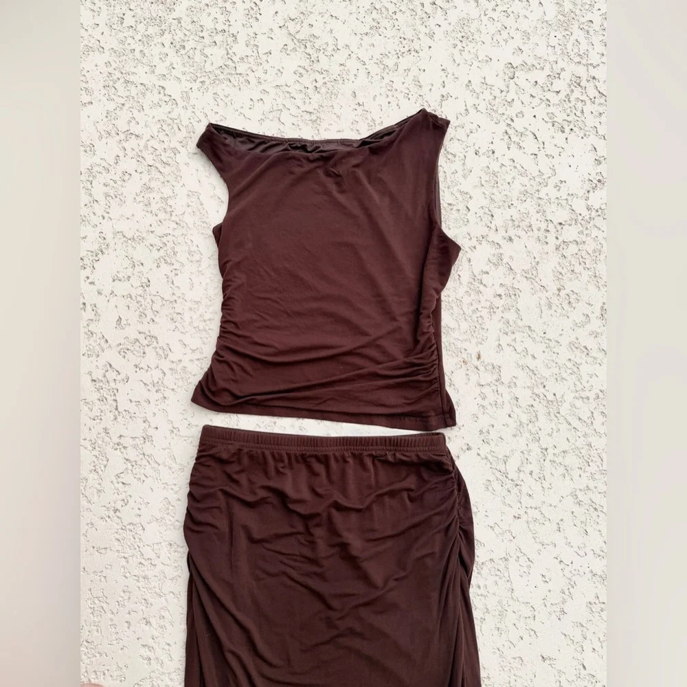 Womens Skirt Set Size S Dark Brown Long Maxi Sleeveless Lined Pull On Solid
